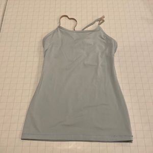 Pale blue spaghetti strap athletic tank, coral hemming